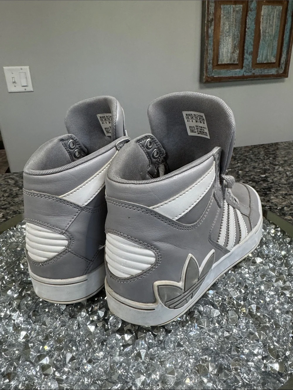 adidas Gray and White high Top Sneakers with Trefoil Logo EUC